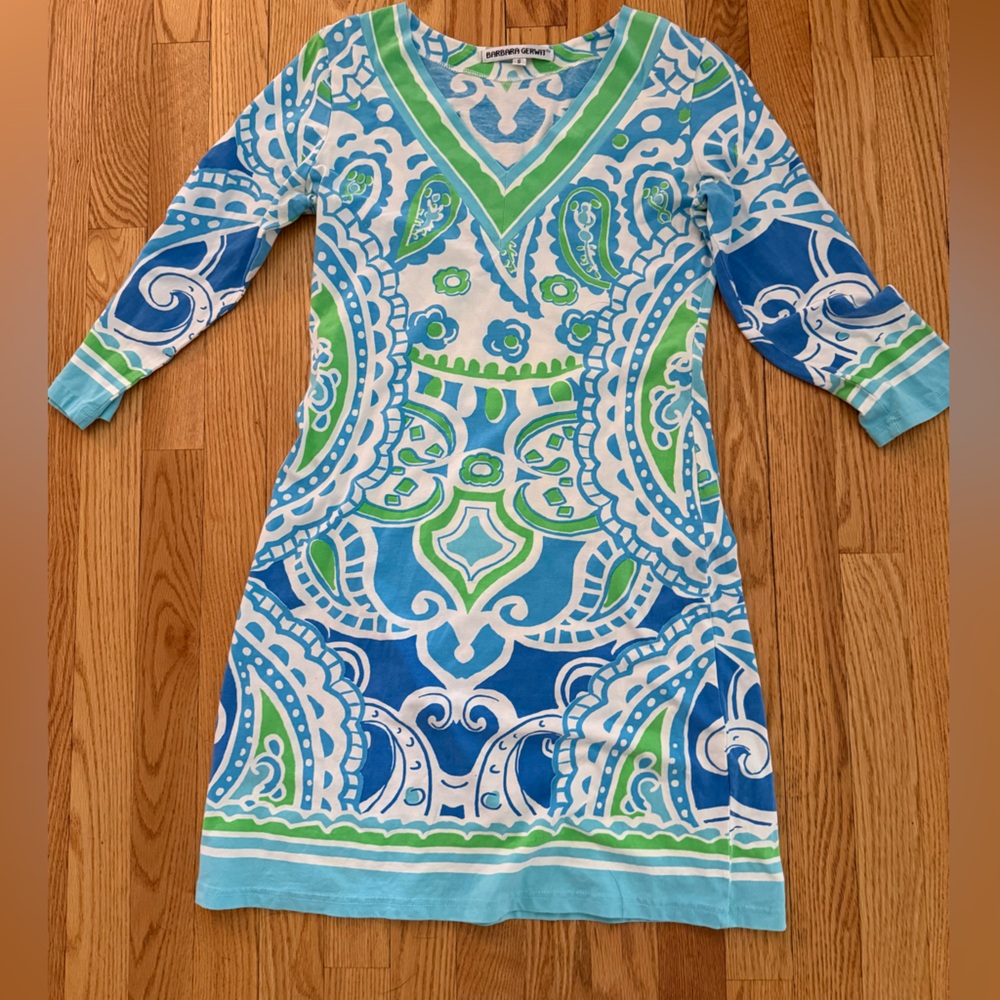 Blue and Green Patterned V-neck Dress